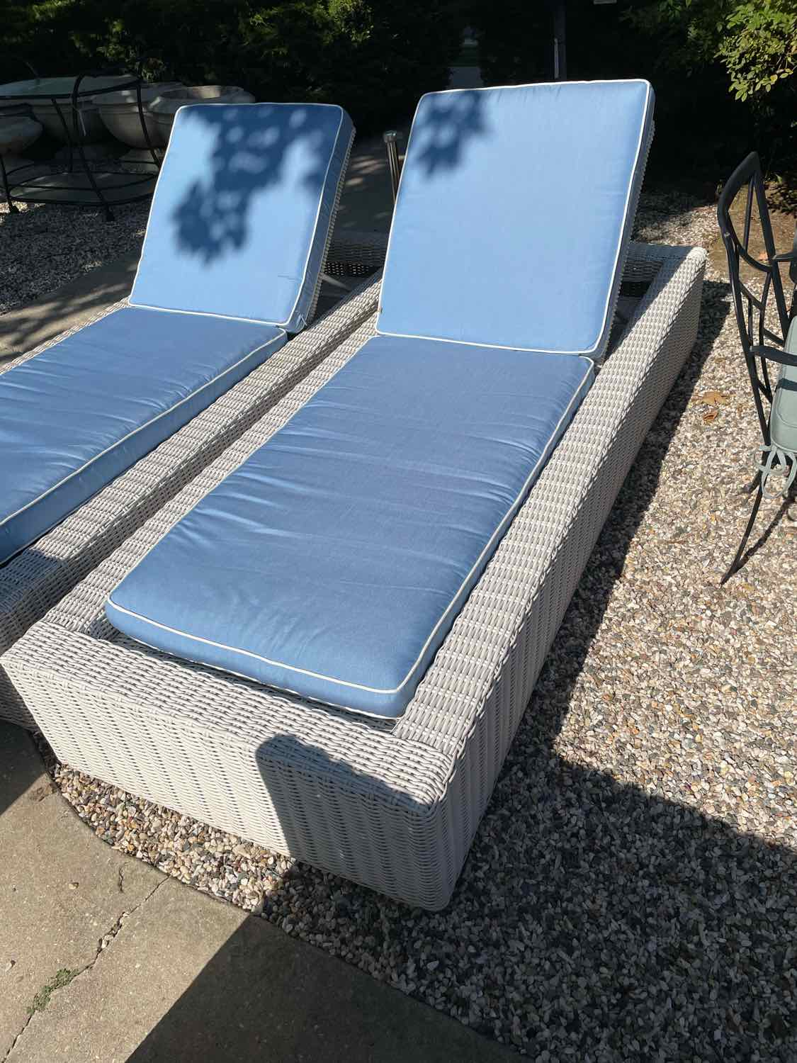 PAIR of White Wicker Chaise Lounges w/ Blue Cushions by Frontgate (AS IS)