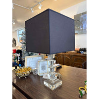 Stacked Crystal Blocks 1970's Lamp w/Black Linen Shade, 27"H x 14"Sq