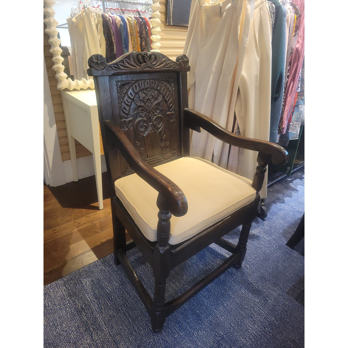 Antique Dark Wood Wainscot Arm Chair w/ Cushion