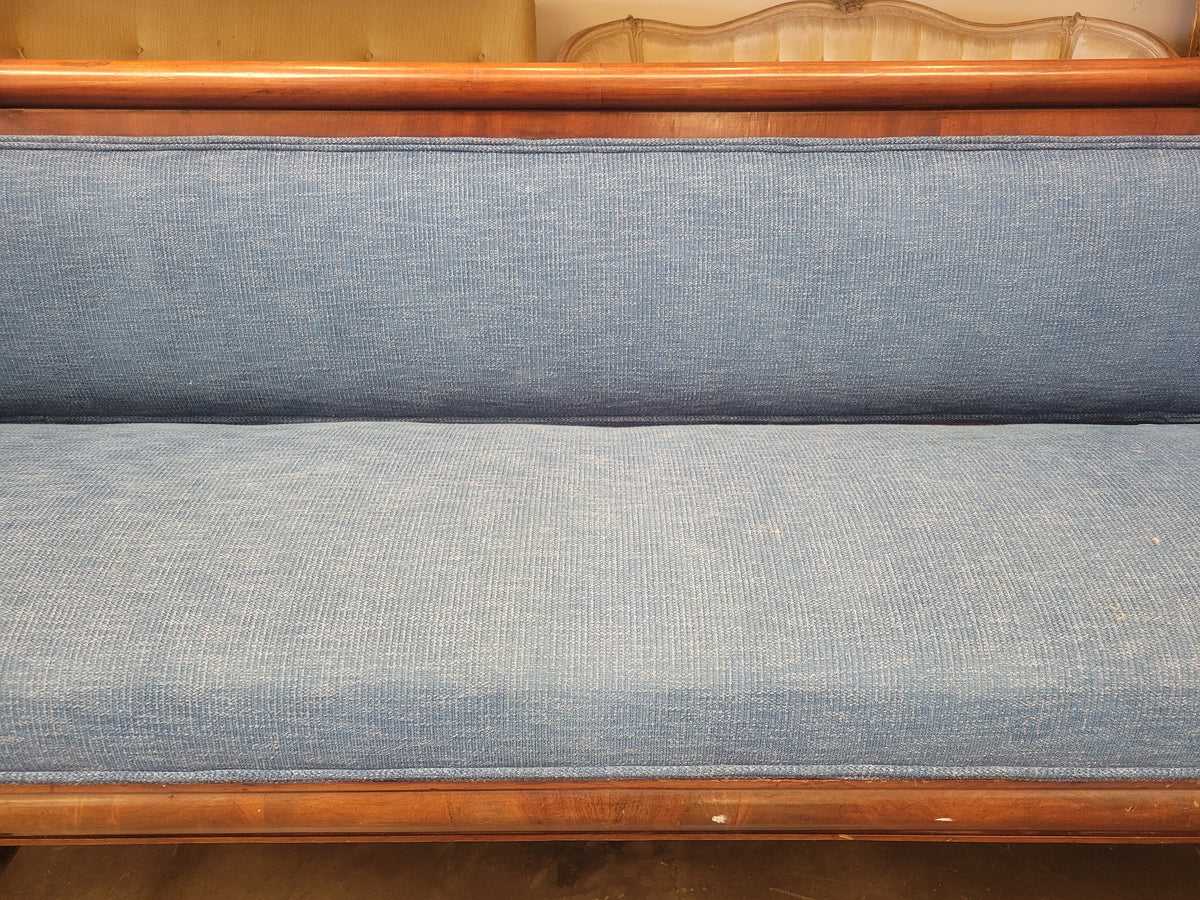 19th C. American Empire Mahogany Scroll-Arm Sofa w/ Blue Upholstery