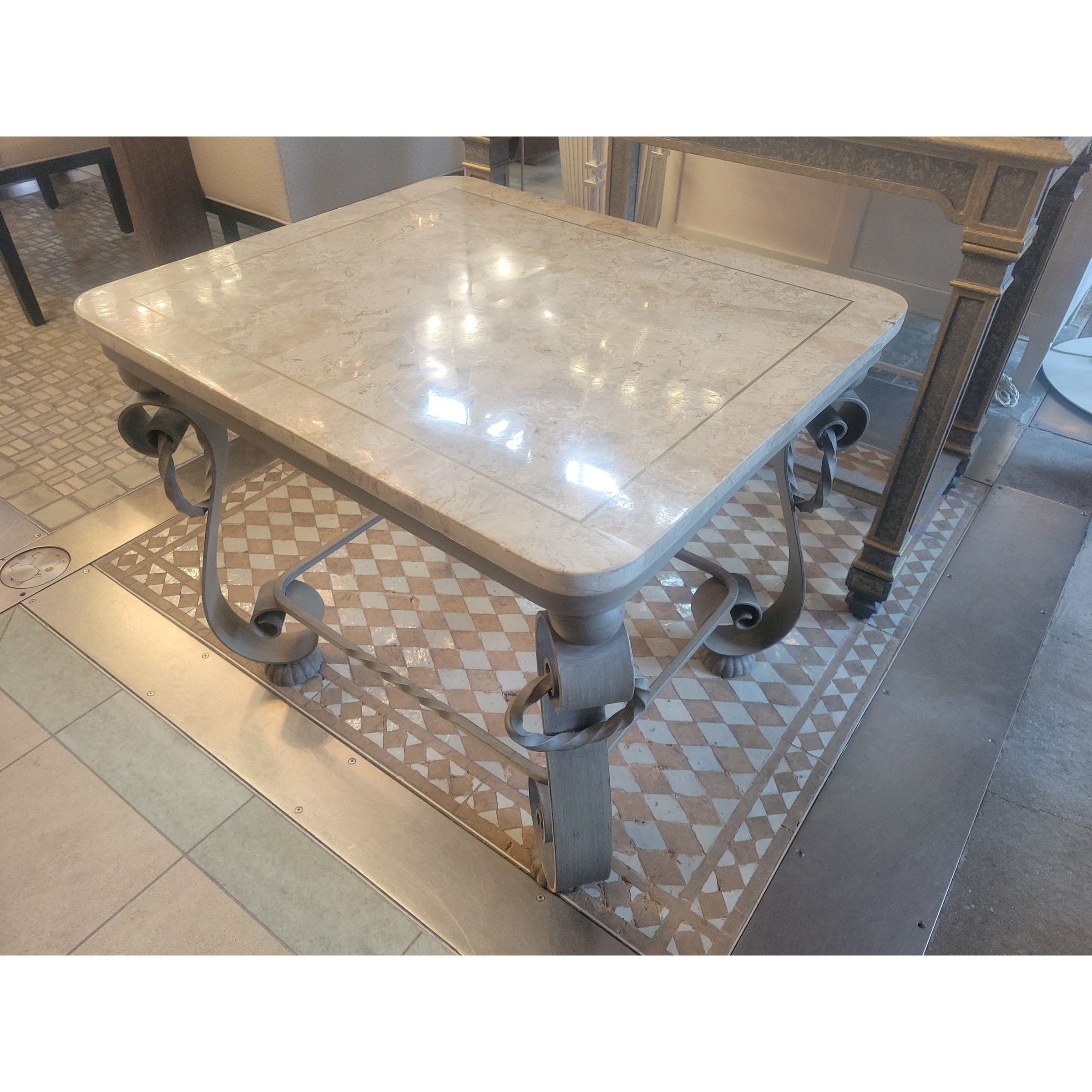 Vintage Fossil Stone Top Table w/ Iron Legs - colletteconsignment.com