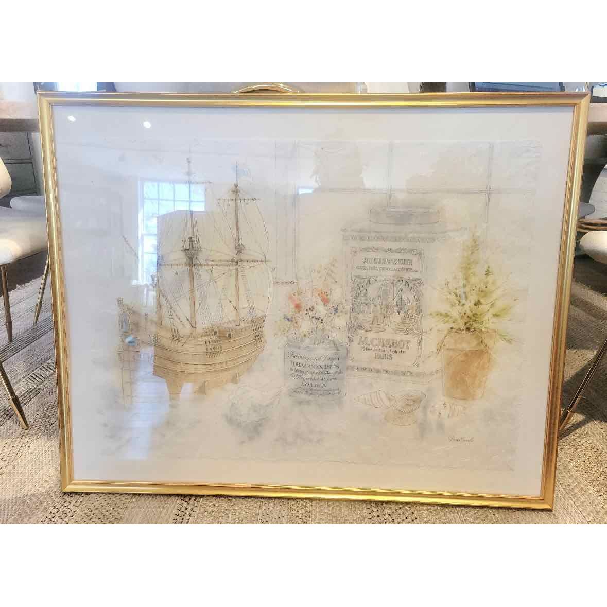 1920s Still-Life Watercolor on Fabric by Davis Carrol in Gold Frame