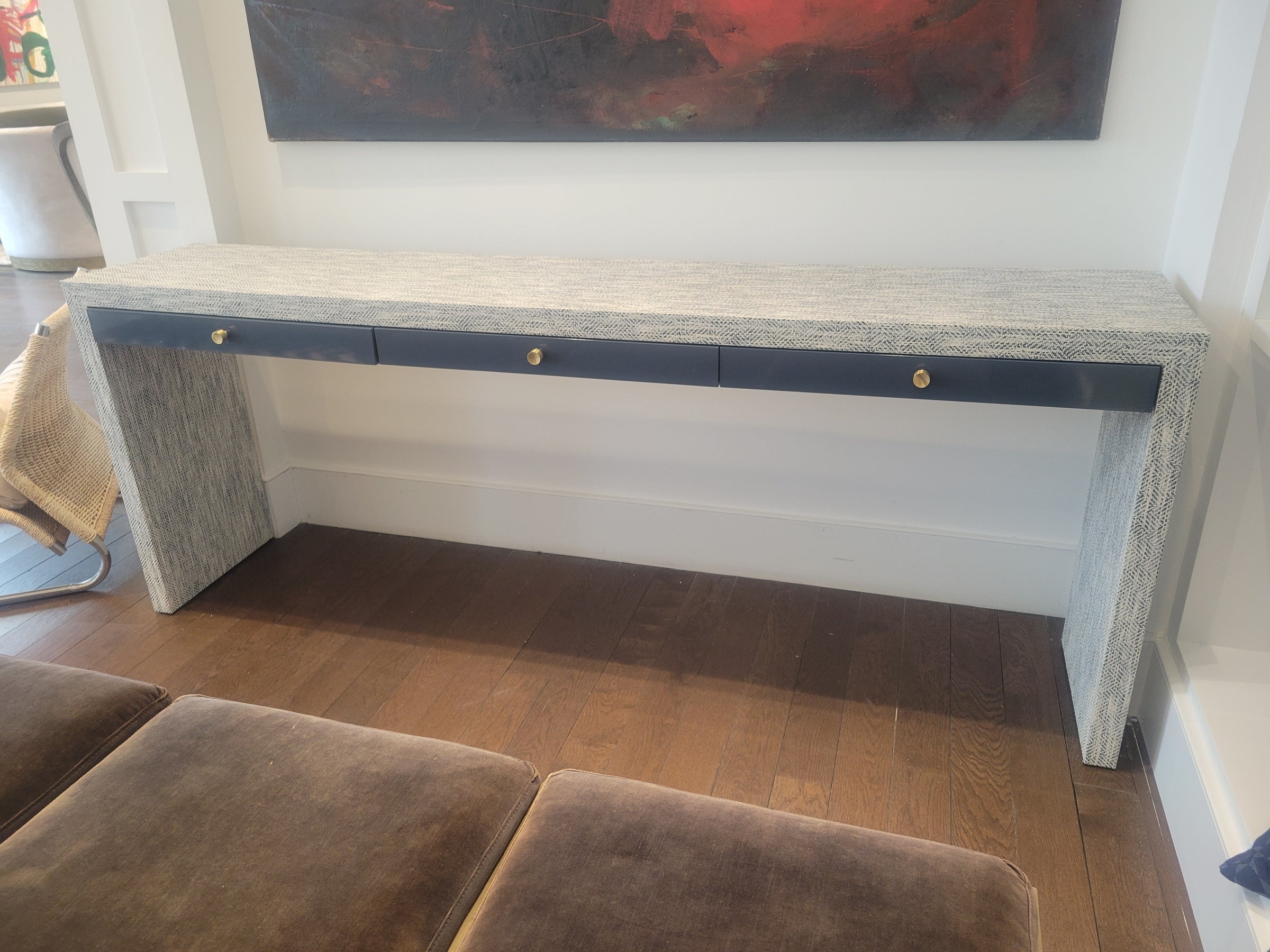 Custom 7-ft Navy Grasscloth Console Table w/ Lacquer Drawers (AS IS)