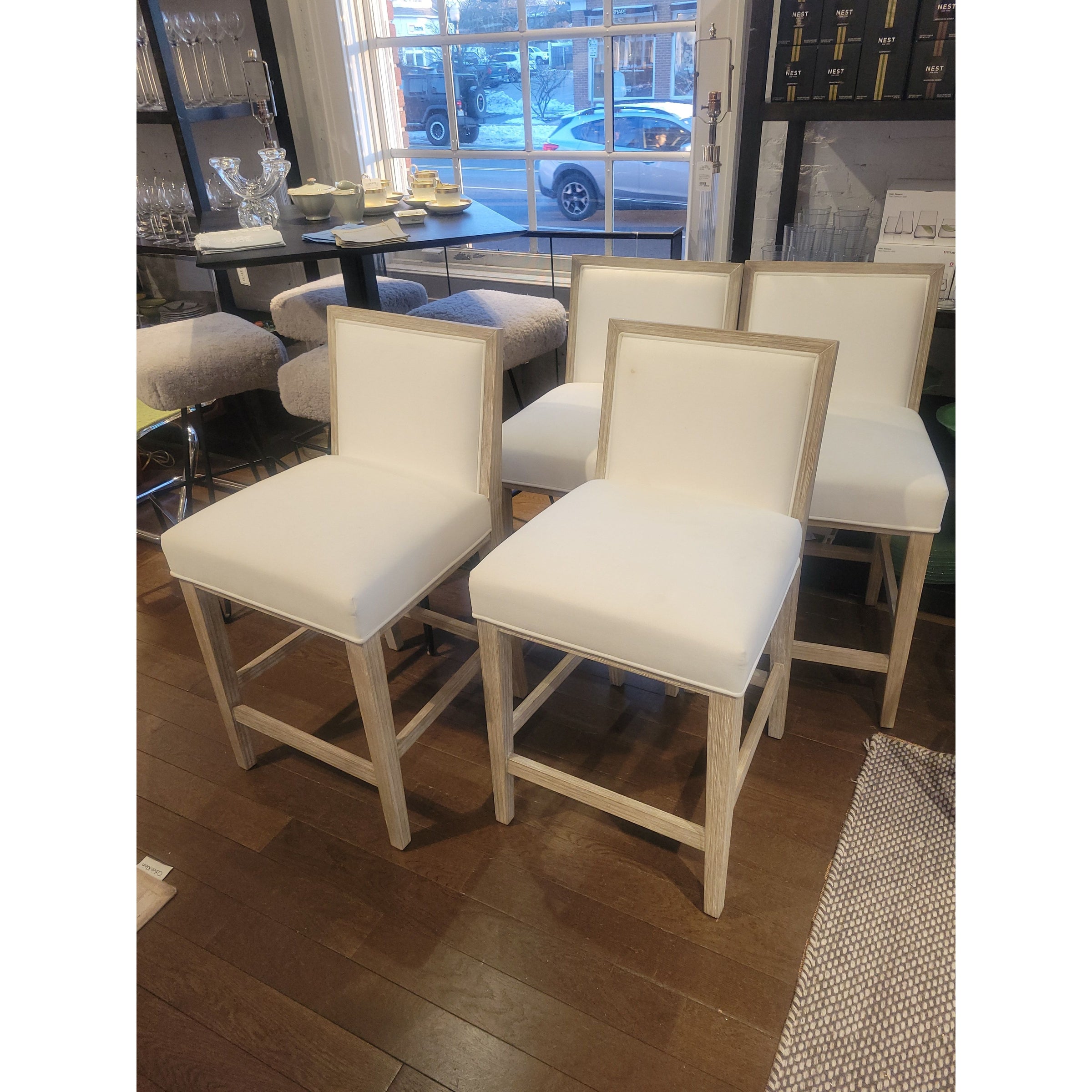 SET of 4 White Upholstered Natural Wood Counter Stools (AS IS)