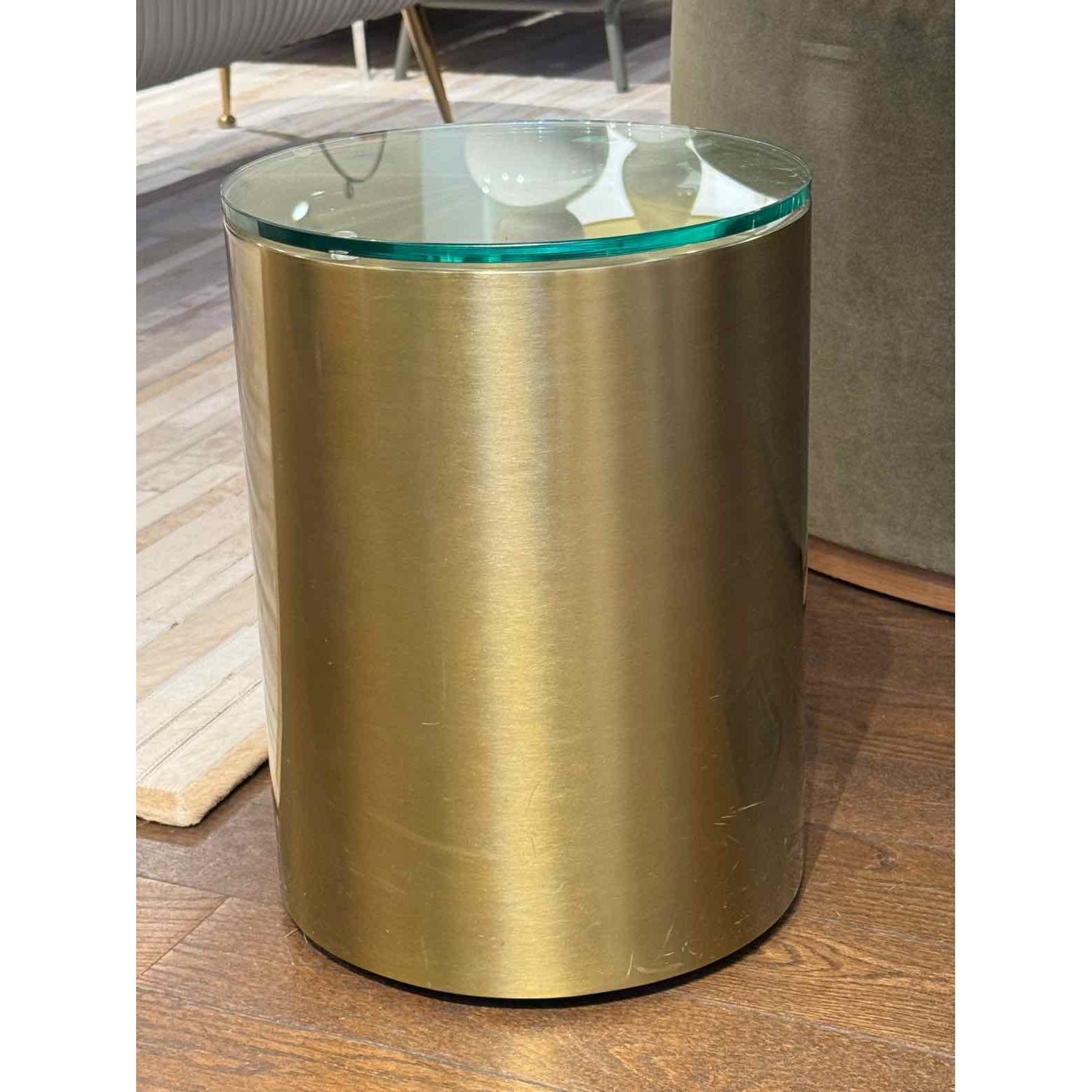 Brass Cylinder Side Table w/ Glass Top