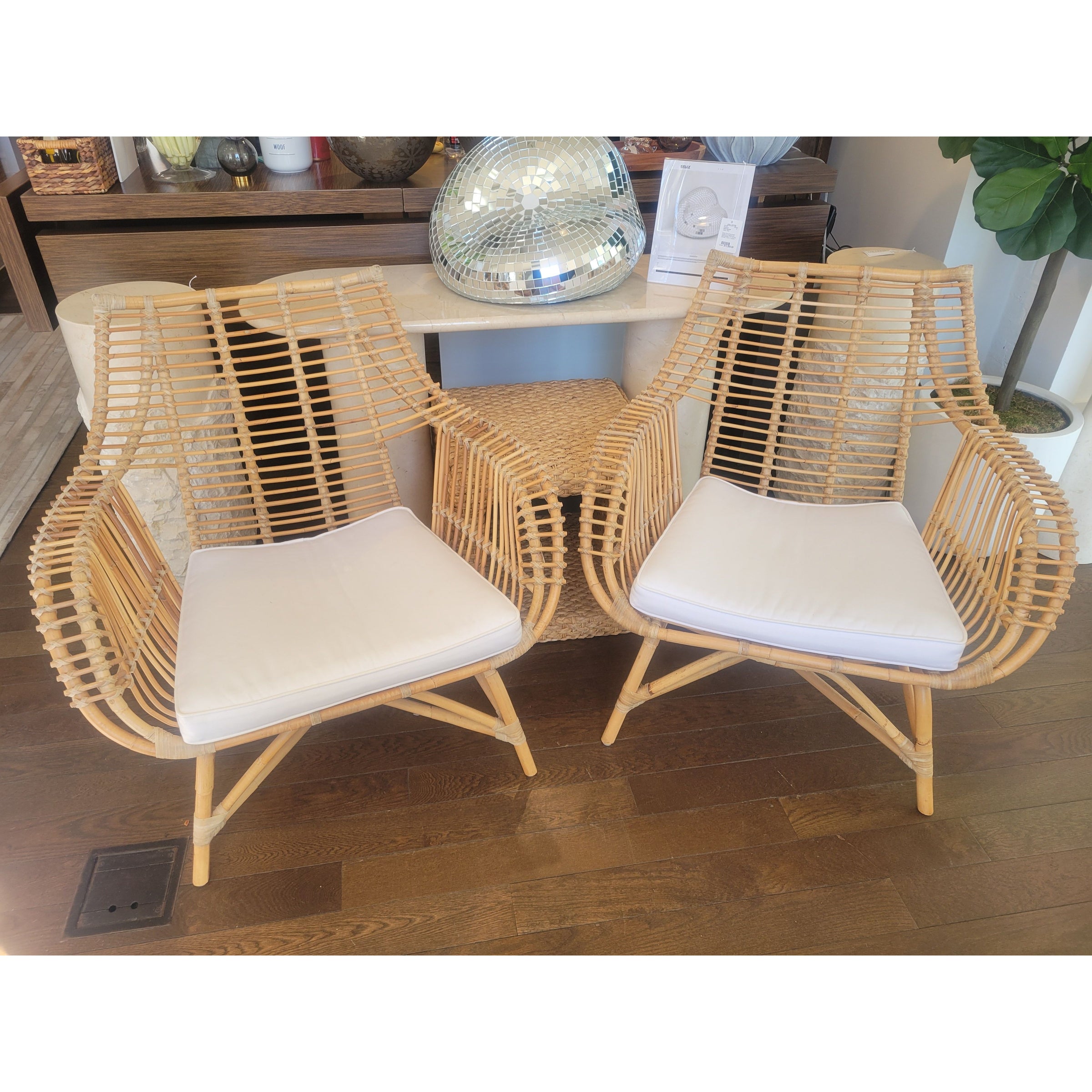 PAIR of Venice Rattan Chairs w/ White Cushions by Serena & Lily