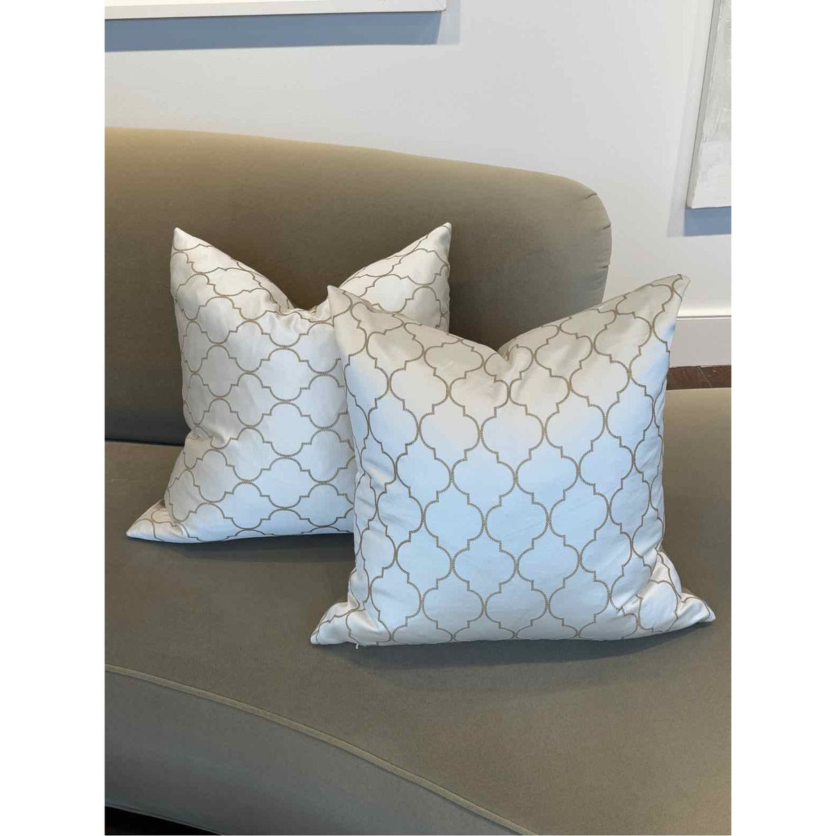 Pair of Square Silk Pillows w/ Leather Embroidered Pattern