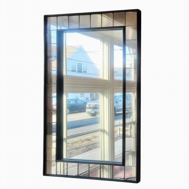Dark Wood Wall Mirror w/ Glass Panel Border
