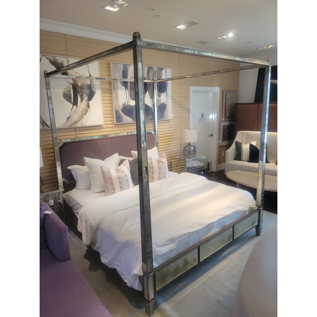 King-Sized Mirrored Mercury Glass Canopy Bed w/ Lilac Velvet Headboard (AS IS) - colletteconsignment.com
