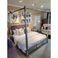 King-Sized Mirrored Mercury Glass Canopy Bed w/ Lilac Velvet Headboard (AS IS) - colletteconsignment.com