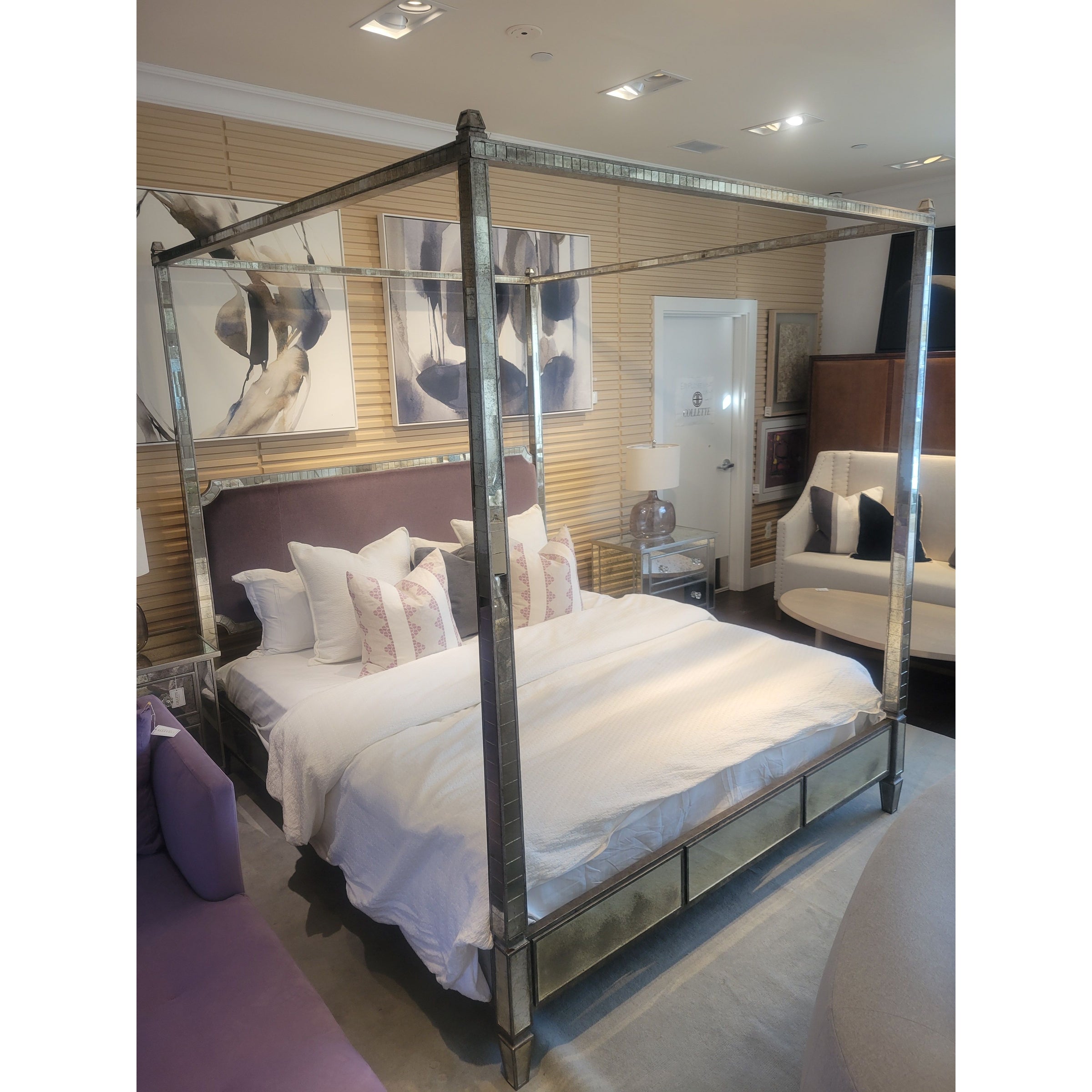 King-Sized Mirrored Mercury Glass Canopy Bed w/ Lilac Velvet Headboard (AS IS) - colletteconsignment.com