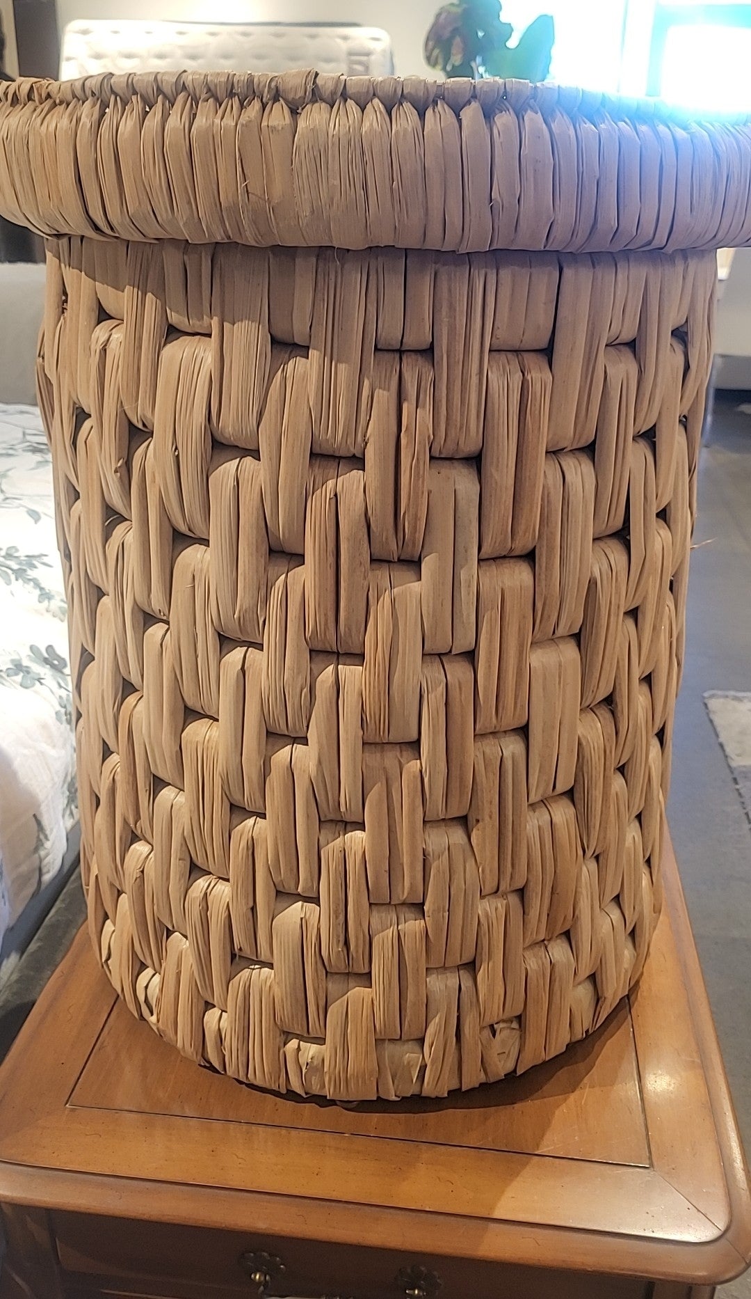 Round Woven Seagrass Side Table w/ Glass Top Attrib. to S&L (AS IS)
