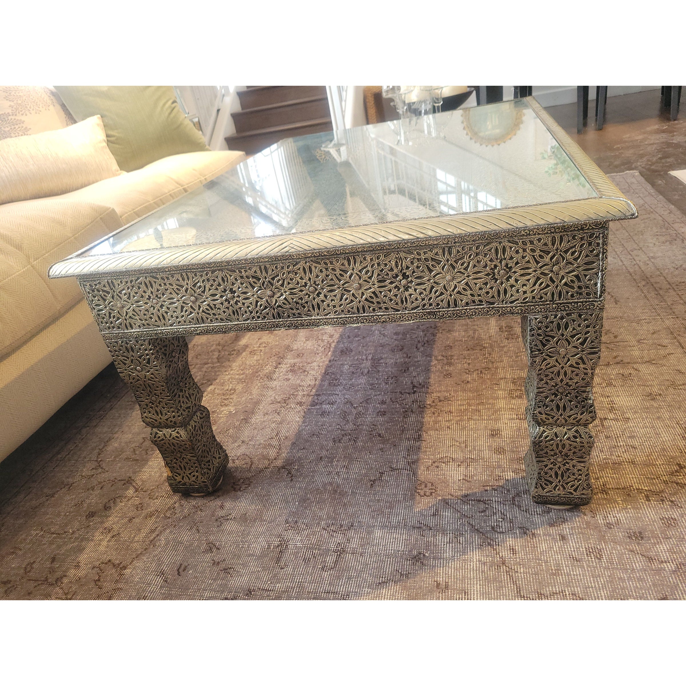 Moroccan Marrakesh Metal Wrapped Coffee Table w/ Glass Top (AS IS)