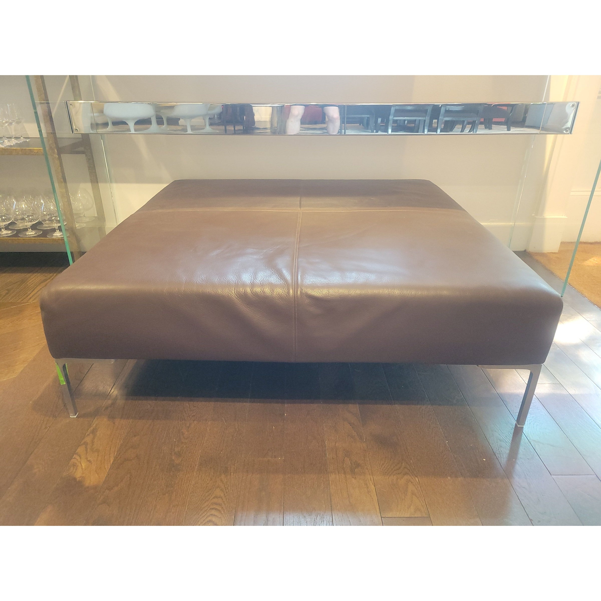 'Frank' Square Brown Leather Ottoman w/ Brushed Chrome Legs by B&B Italia