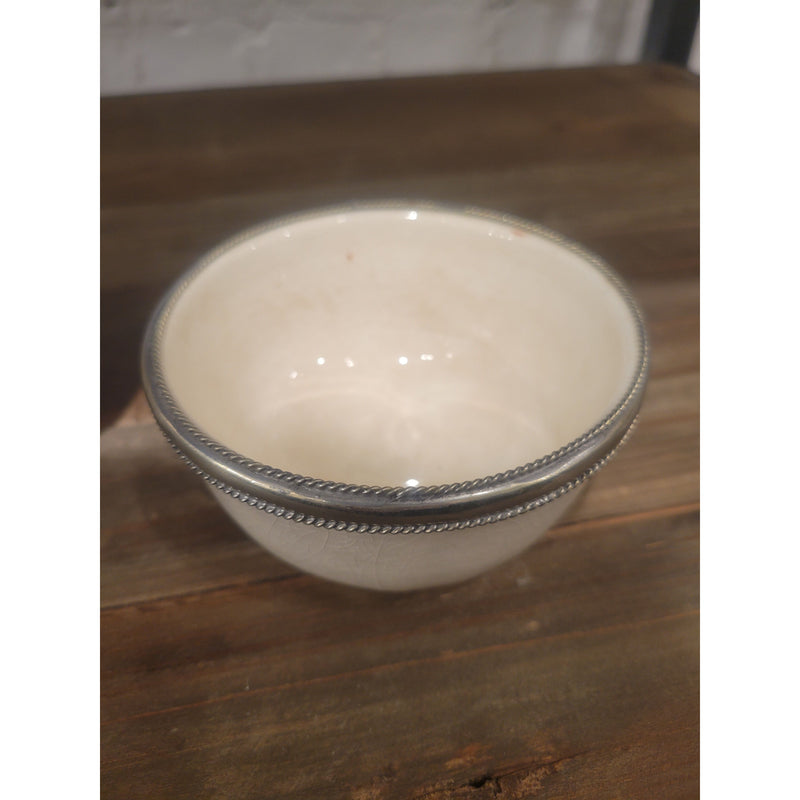 PAIR of White Ceramic Bowls w/ Metal Trim