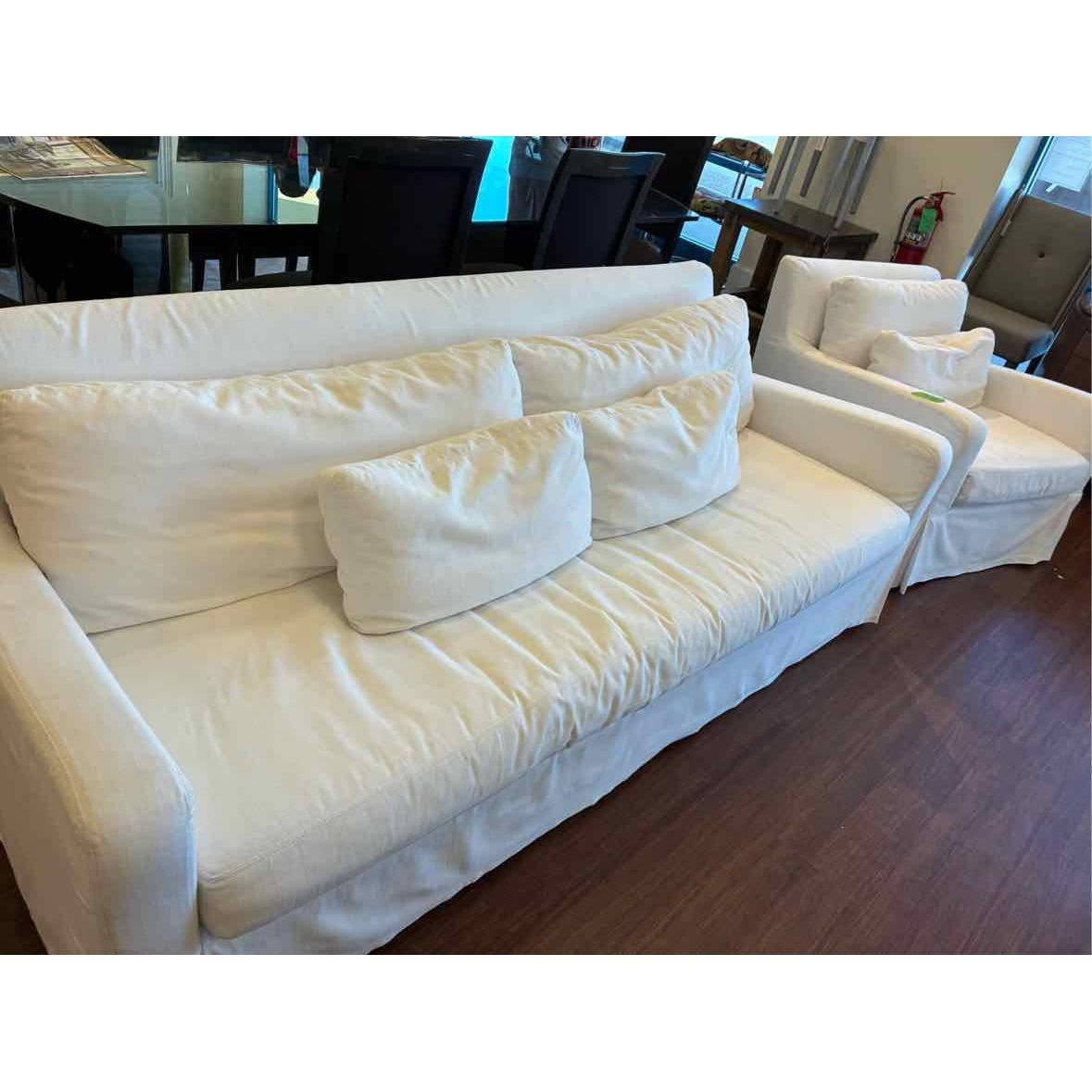 Belgian Slipcover Slope Arm Bench-Cushion Sofa in White Performance Linen by RH