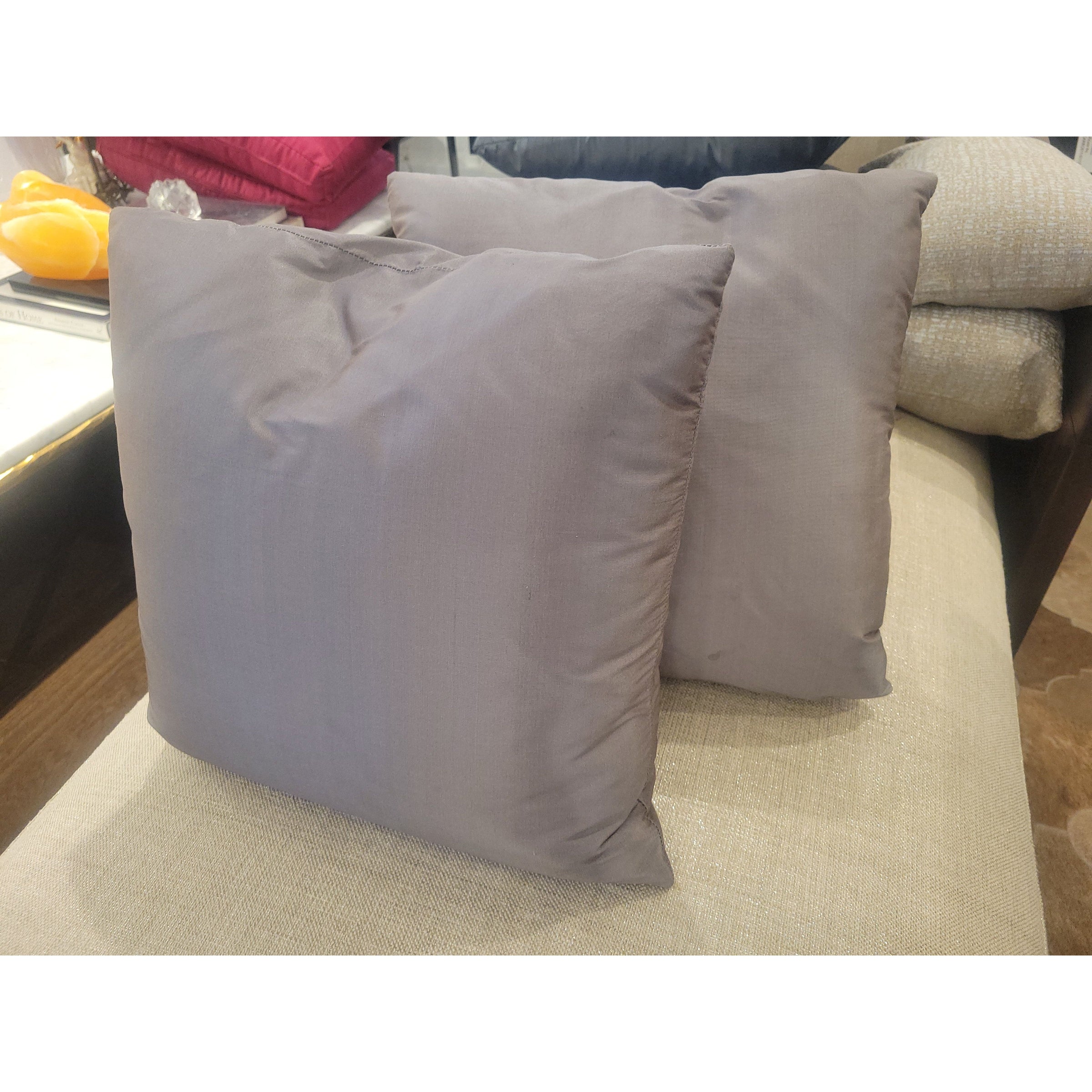 PAIR of Mauve Silk Square Pillows - colletteconsignment.com