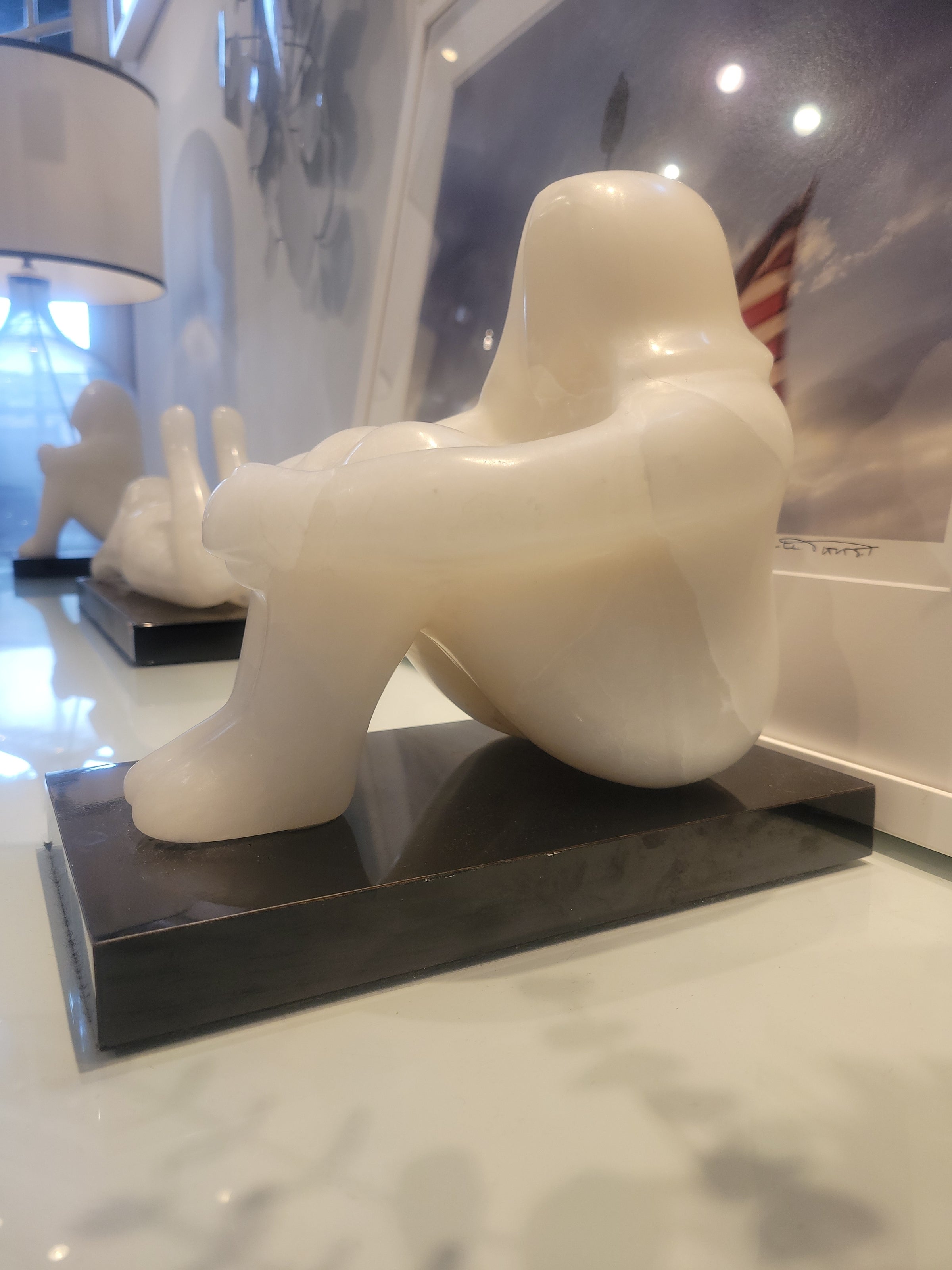 'Seated Girl IV' White Alabaster Sculpture on Marble Base by Robert L. Hooke