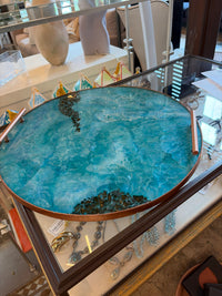 Custom 19" Round Turquoise Epoxy Resin Tray w/ Copper Tone Rim & Handles