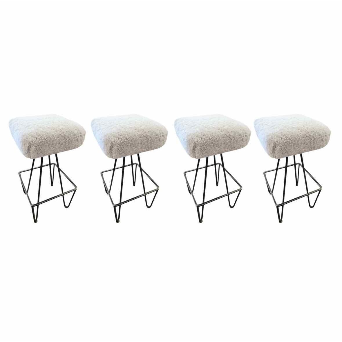 SET of 4 Frederick Weinberg 1950s Iron Bar Stools w/ Custom Shearling Seats