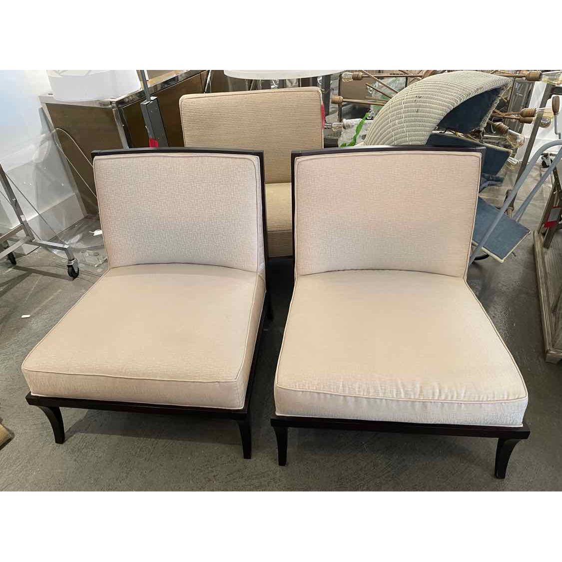 PAIR of Beige Upholstered Castel Slipper Chairs on Walnut Bases by Baker (AS IS)