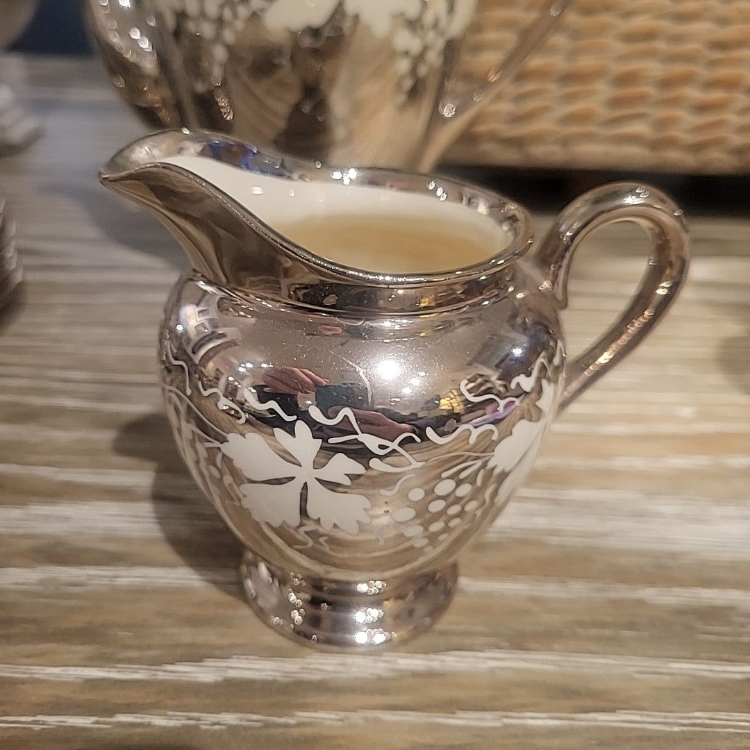 18-Pc Silver Luster & Porcelain Tea or Coffee Set w/ White Grape Design - AS IS