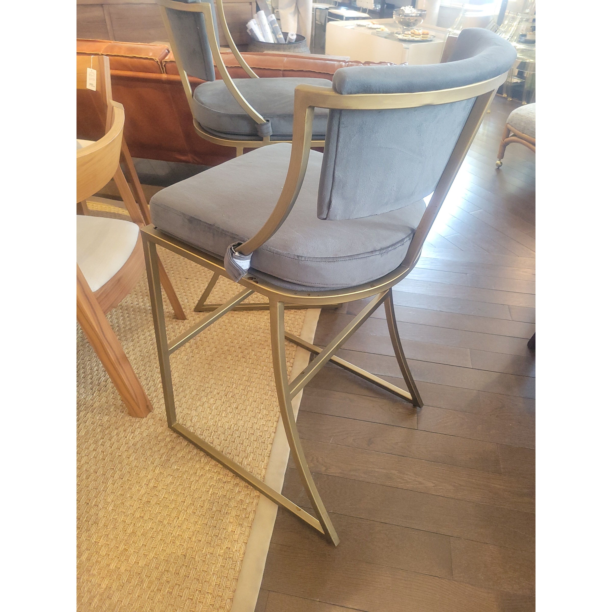 PAIR of Gray Velvet Bar Stools on Brass Bases by Ballard Designs