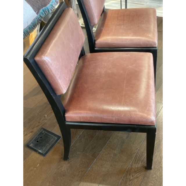 PAIR of Brown Leather & Dark Wood Chairs - colletteconsignment.com