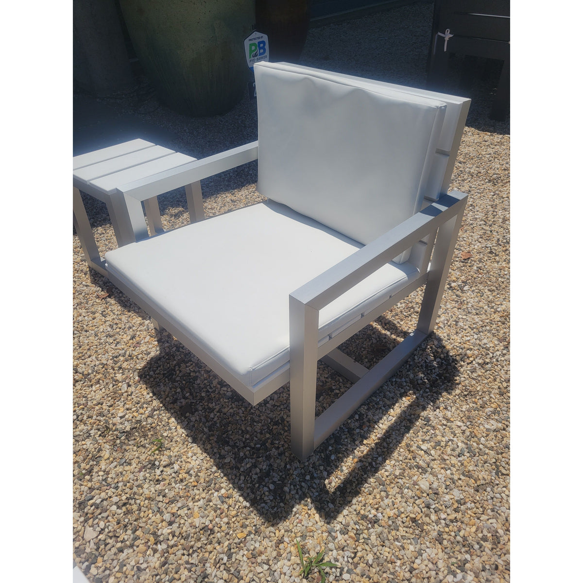 PAIR of Aluminum Lounge Chairs w/ White Poly Cushions by Gandia Blasco - colletteconsignment.com