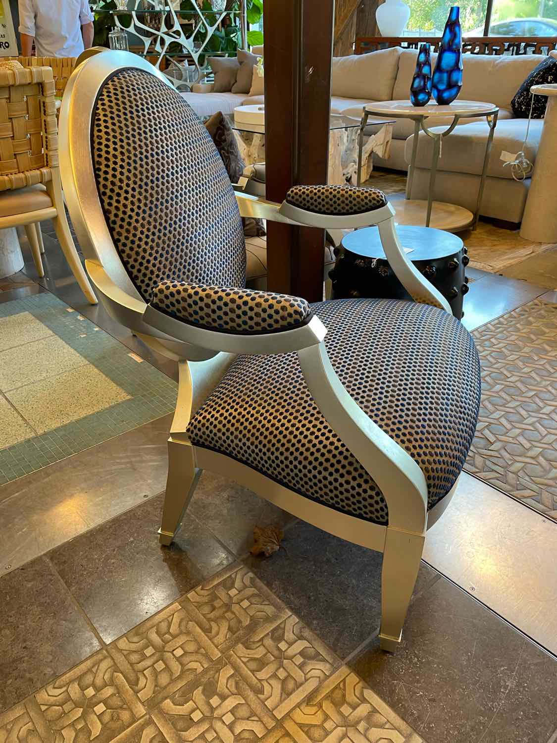 Silver & Blue Upholstered Oval Arm Chair by John Hutton for Donghia w/ Pillow