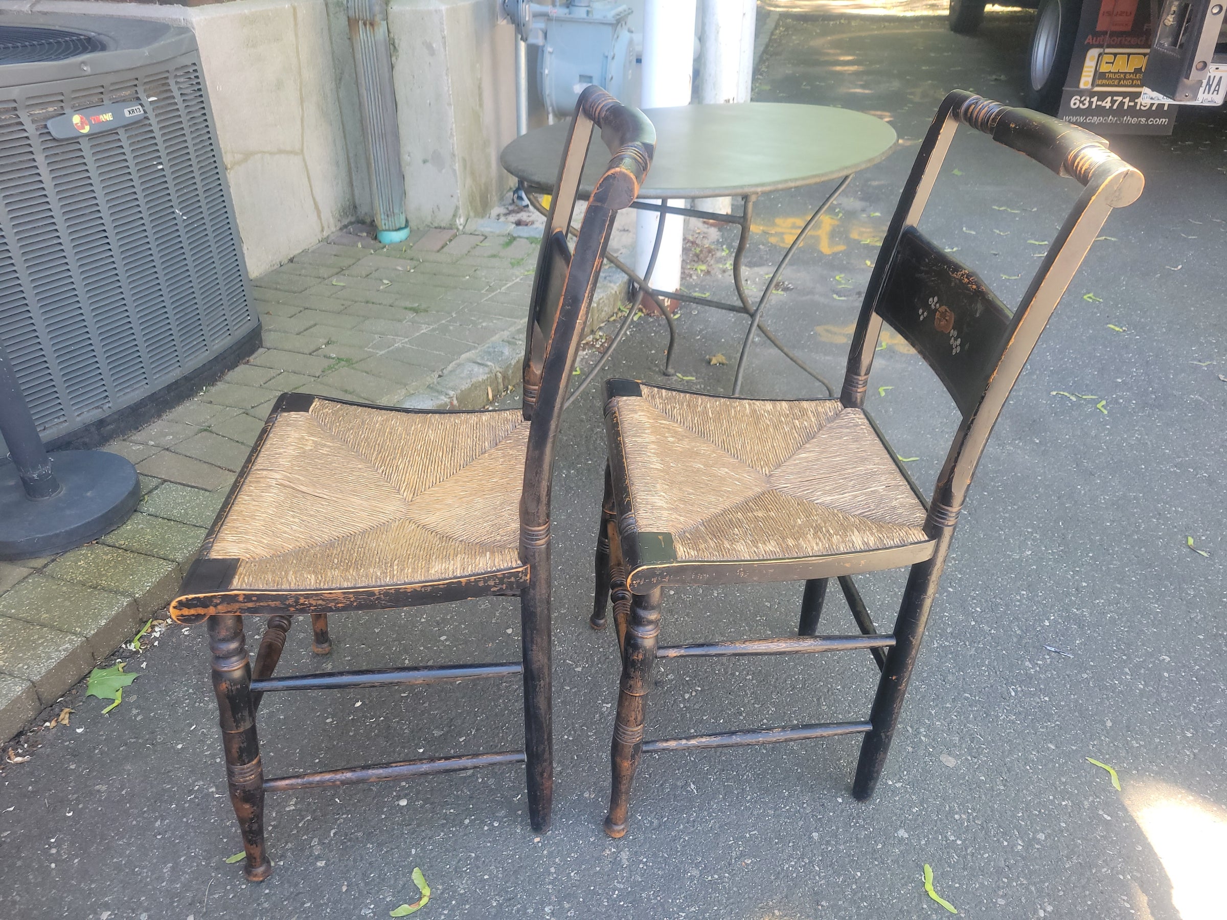 SET of 4 Antique Black Wood Hitchcock Chairs w/ Rush Seats (AS IS)
