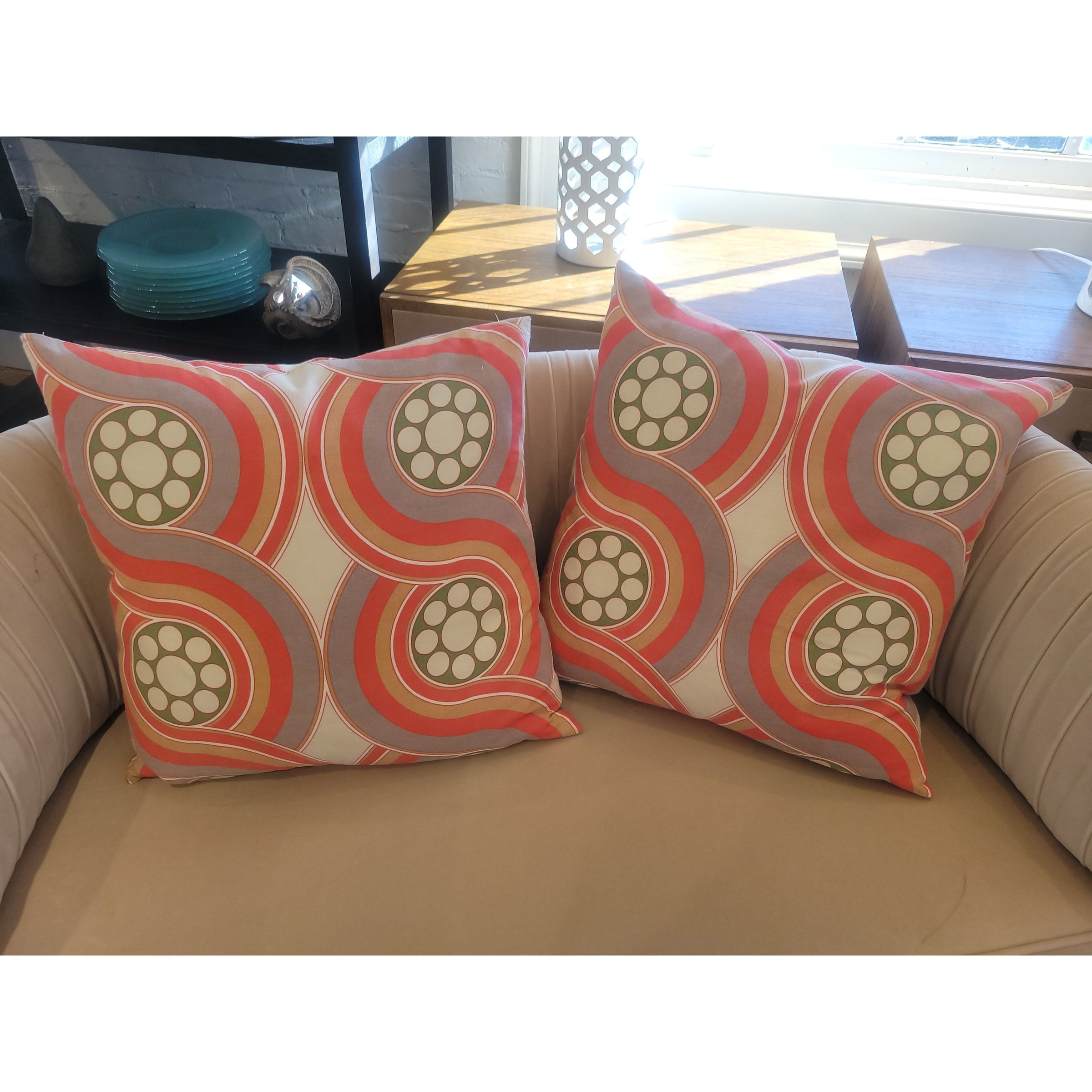 PAIR of Custom Retro Orange Circles Square Pillows