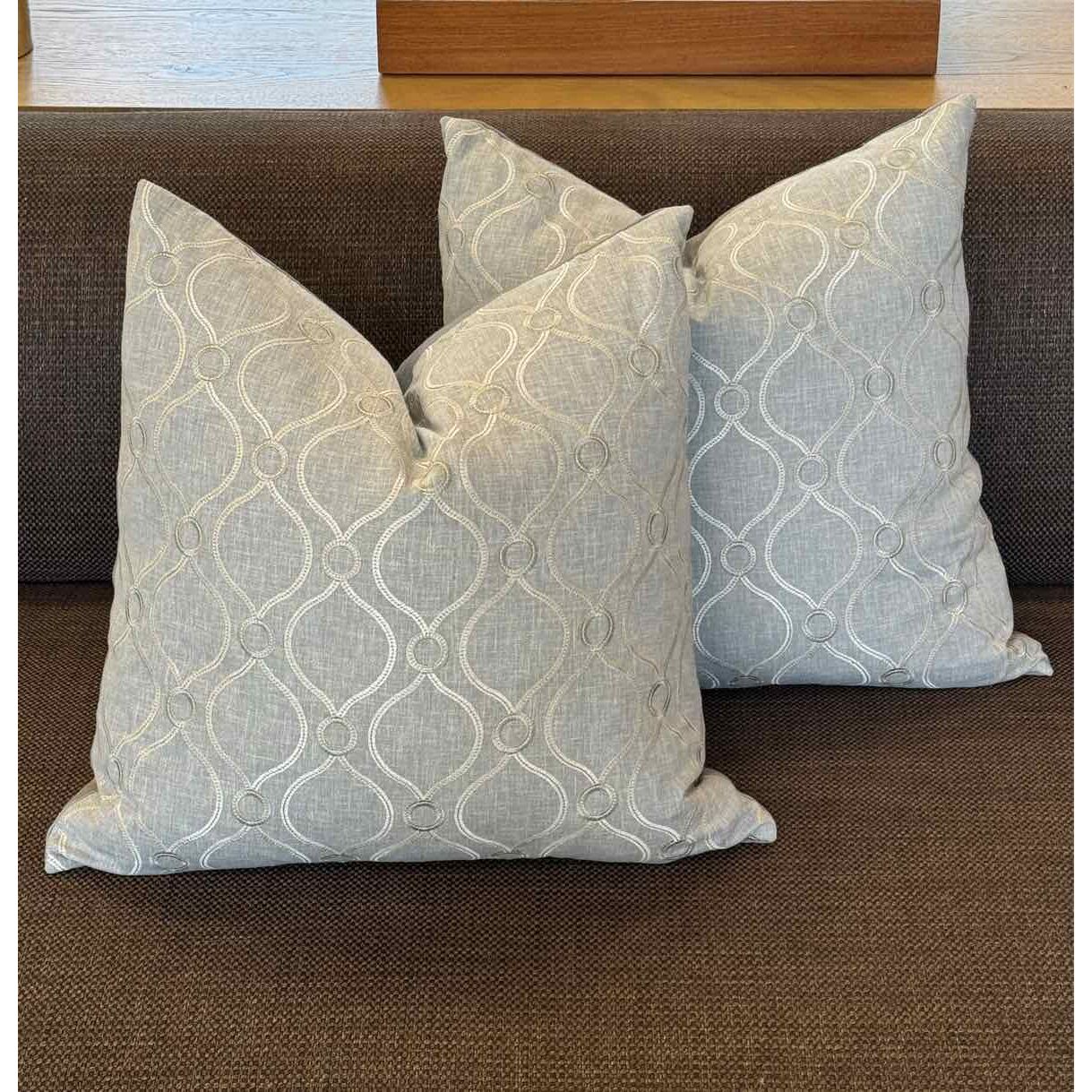 PAIR of Square Gray Embroidered Pattern Pillows
