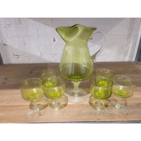 SET of Vintage Green Glass Drink Pitcher & 6 Glasses by Sasaki