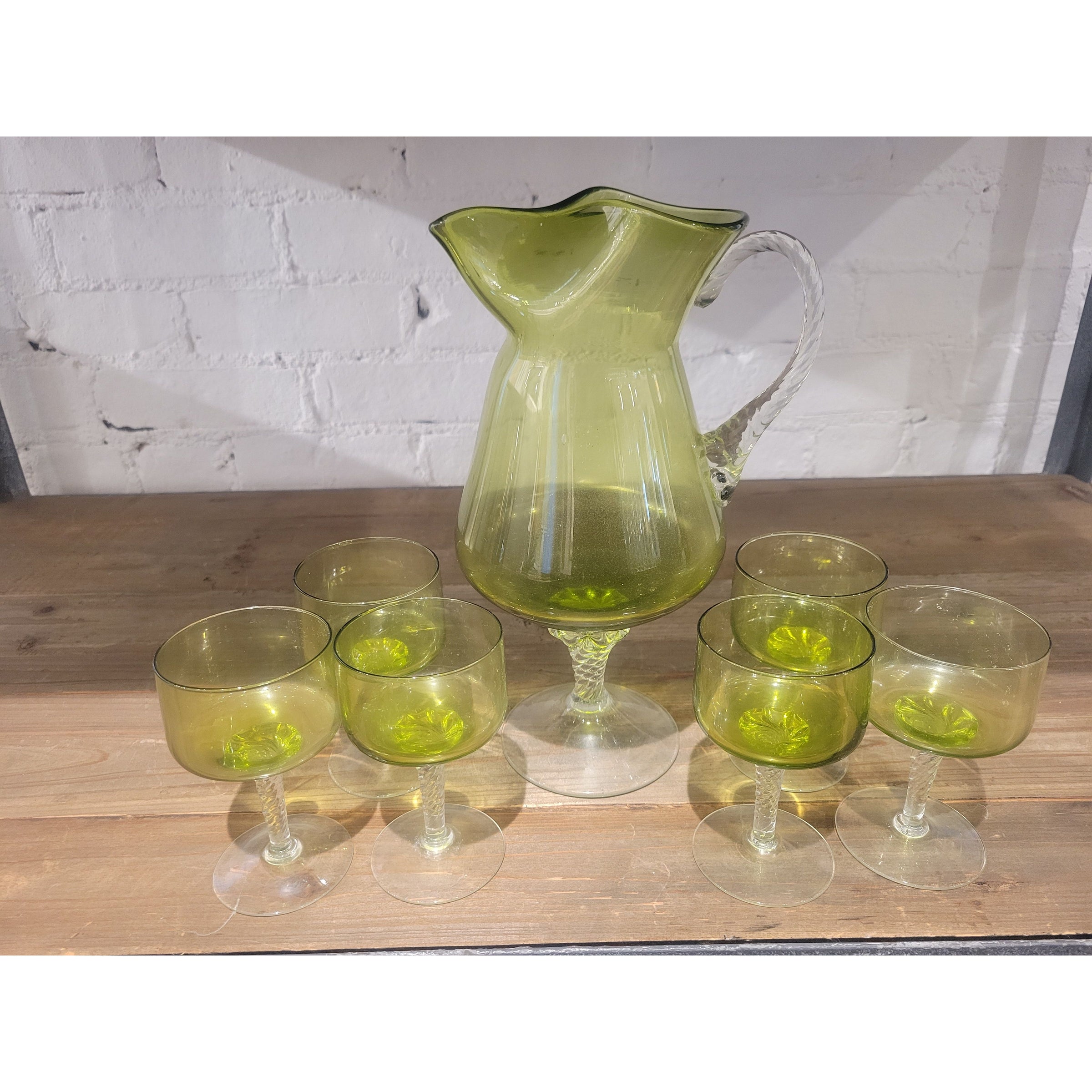 SET of Vintage Green Glass Drink Pitcher & 6 Glasses by Sasaki