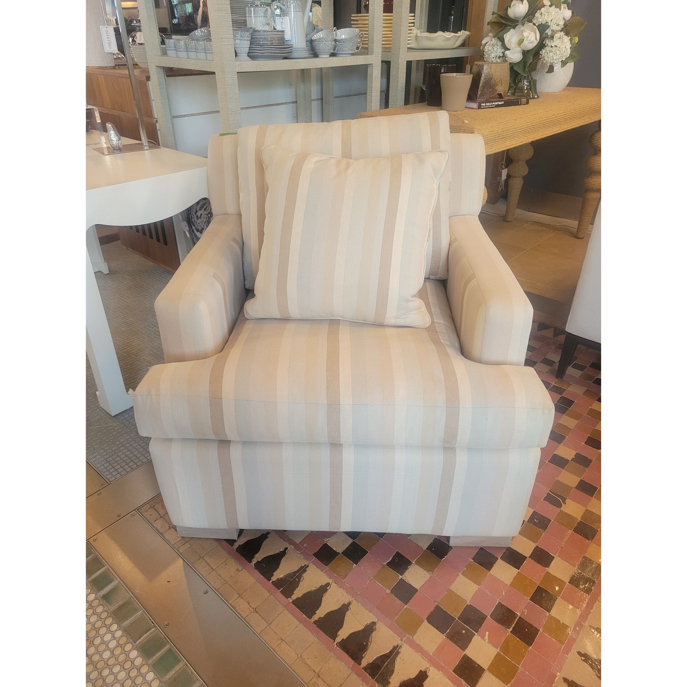 Custom Striped Mint Green & Tan Linen Lounge Chair by Jack Fhillips