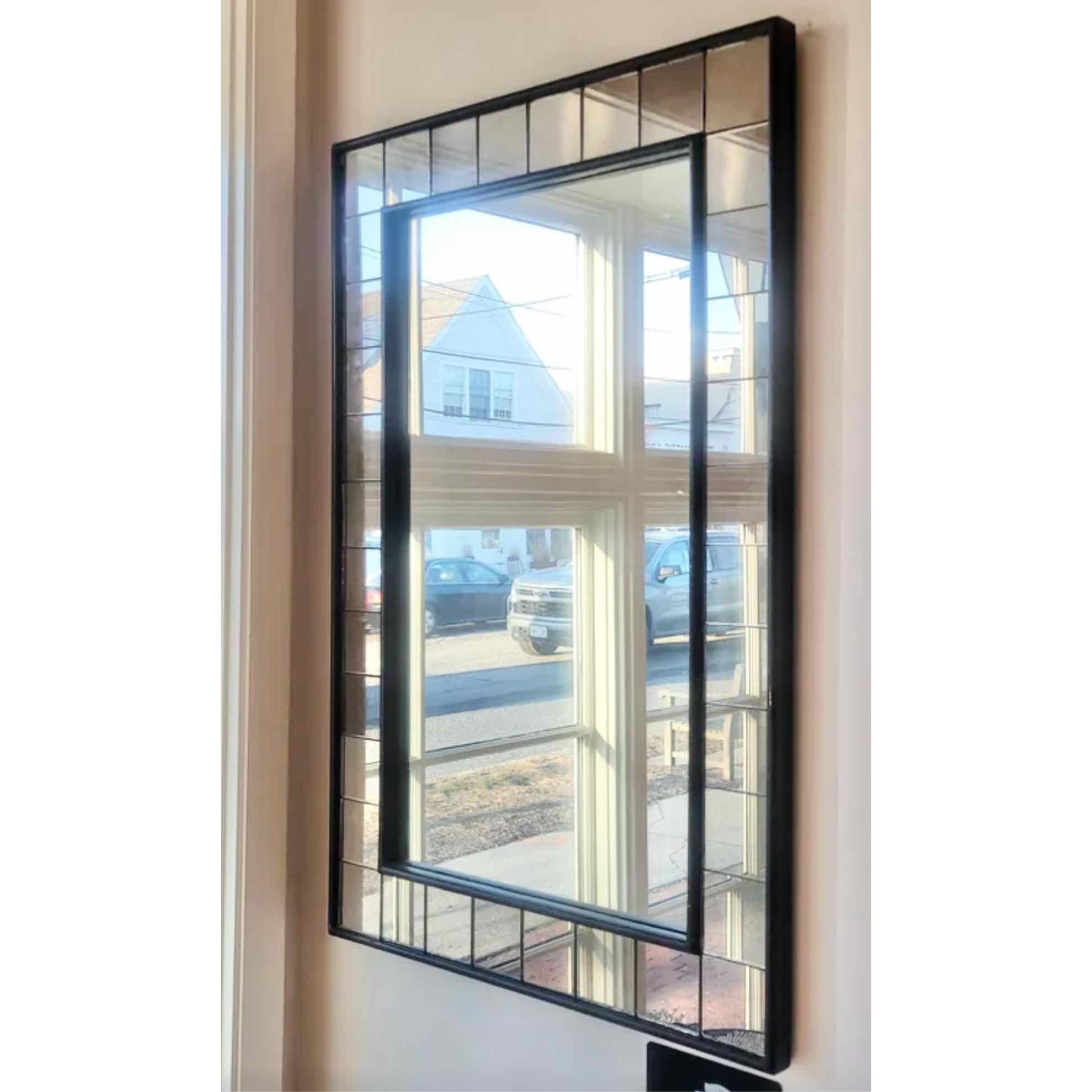 Dark Wood Wall Mirror w/ Glass Panel Border