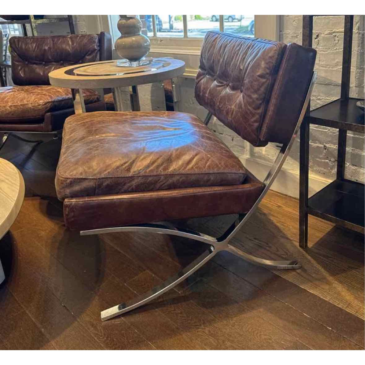 Pair of Barcelona Style Chairs in Saddle Brown Distressed Leather 30"Wx30"Dx32"H