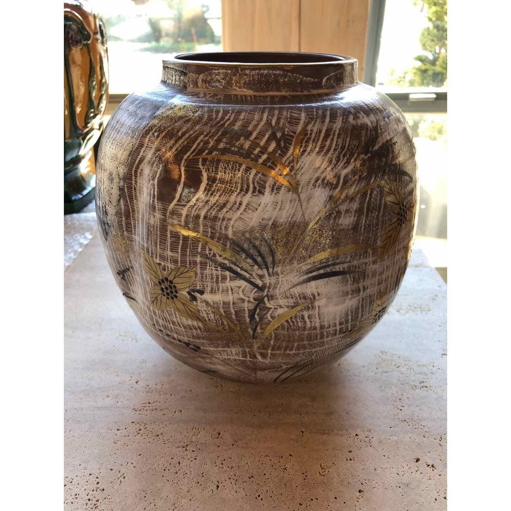 Tan Clay Vase w/ White Lines and Painted Gold Flowers
