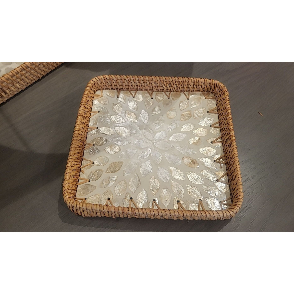 SET of 3 White Mother of Pearl Inlay Trays w/ Wicker Edge