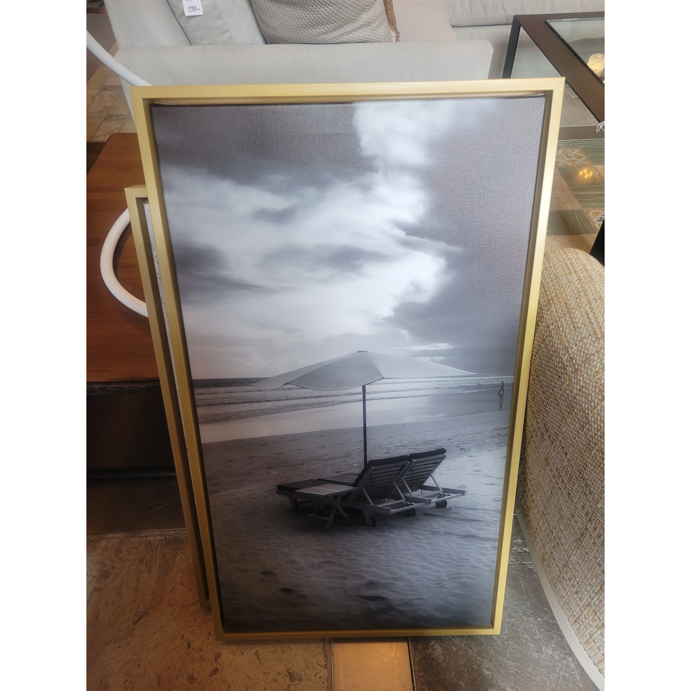 B&W Beach Lounges Photograph on Canvas in Floating Wood Frame