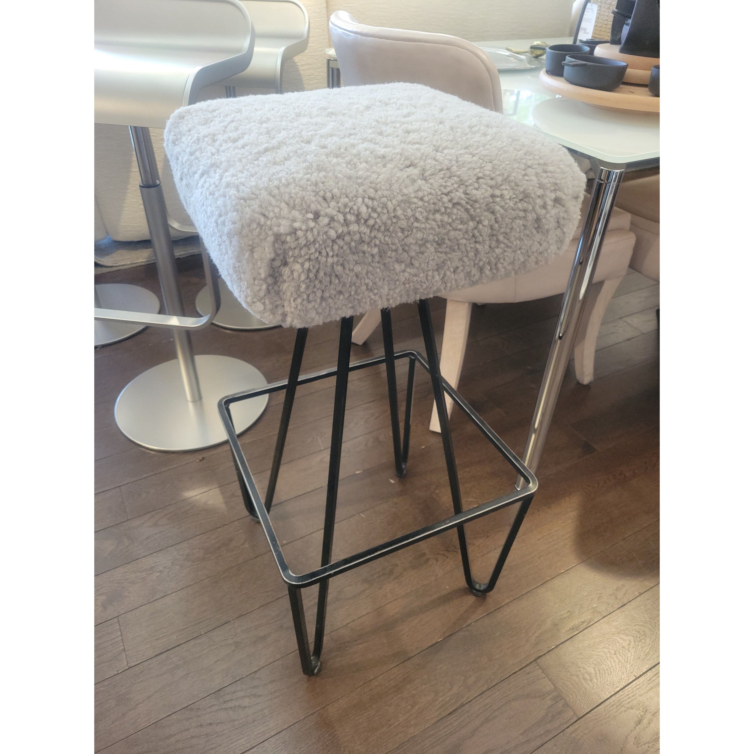 SET of 4 Frederick Weinberg 1950s Iron Bar Stools w/ Custom Shearling Seats