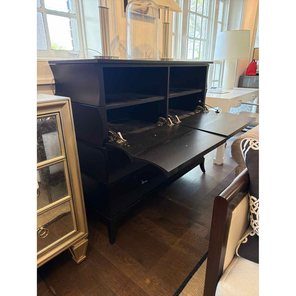 Custom Chocolate Stained Quartered Oak Standing Dresser w/ Fluted Sides - colletteconsignment.com