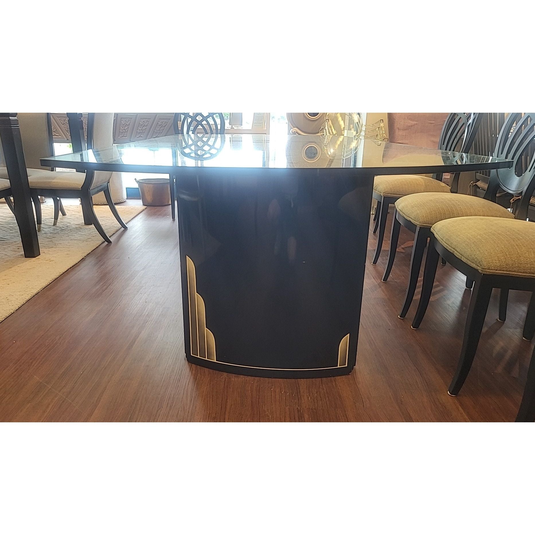8-ft Glass Top Dining Table on Art Deco Black Lacquer Wedge Legs