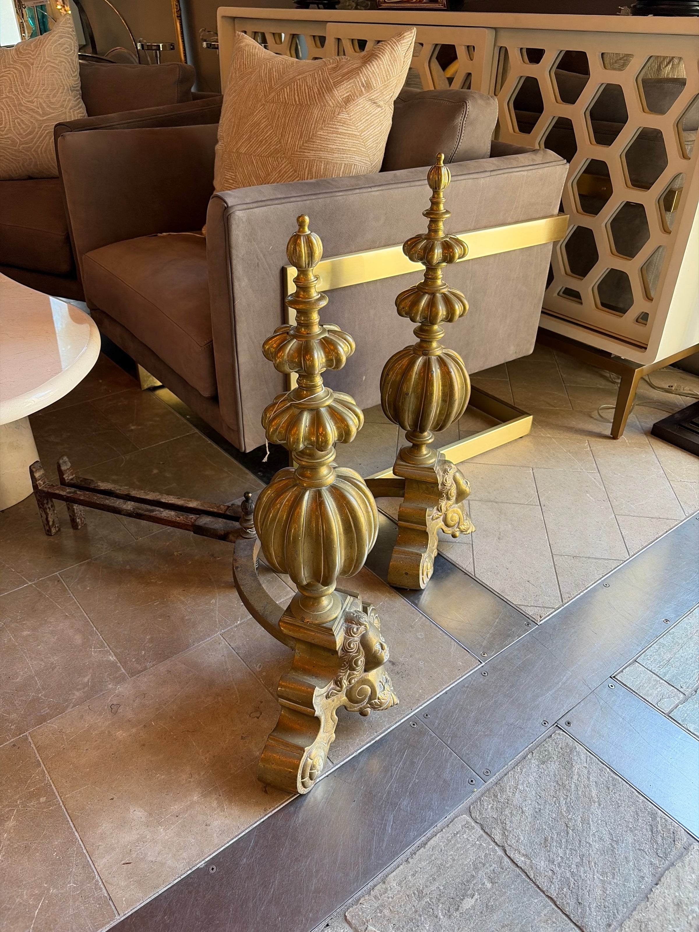 PAIR of 19th C. Baroque Brass Andirons
