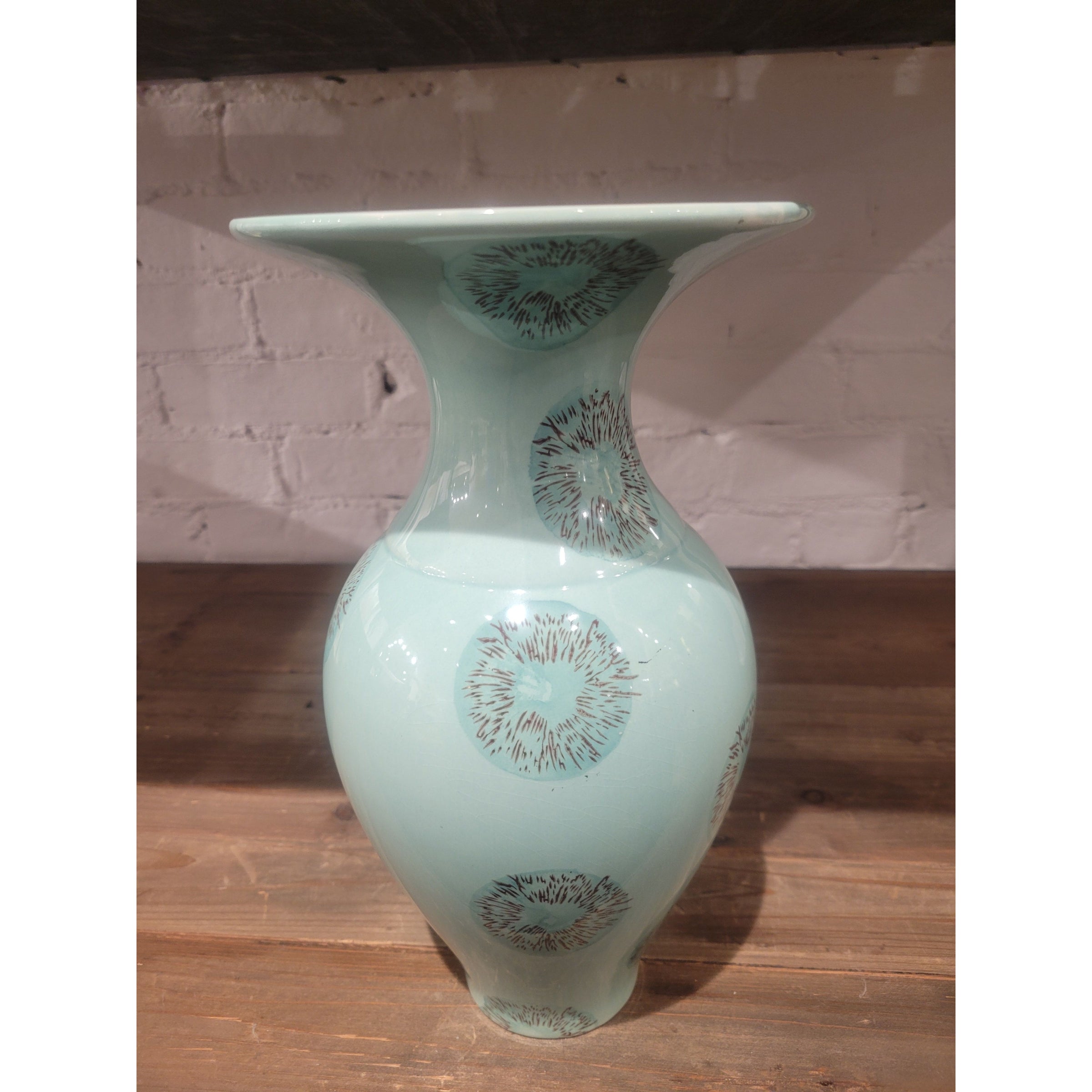 Mid-Century Wide Rim Brown Spotted Turquoise Ceramic Vase