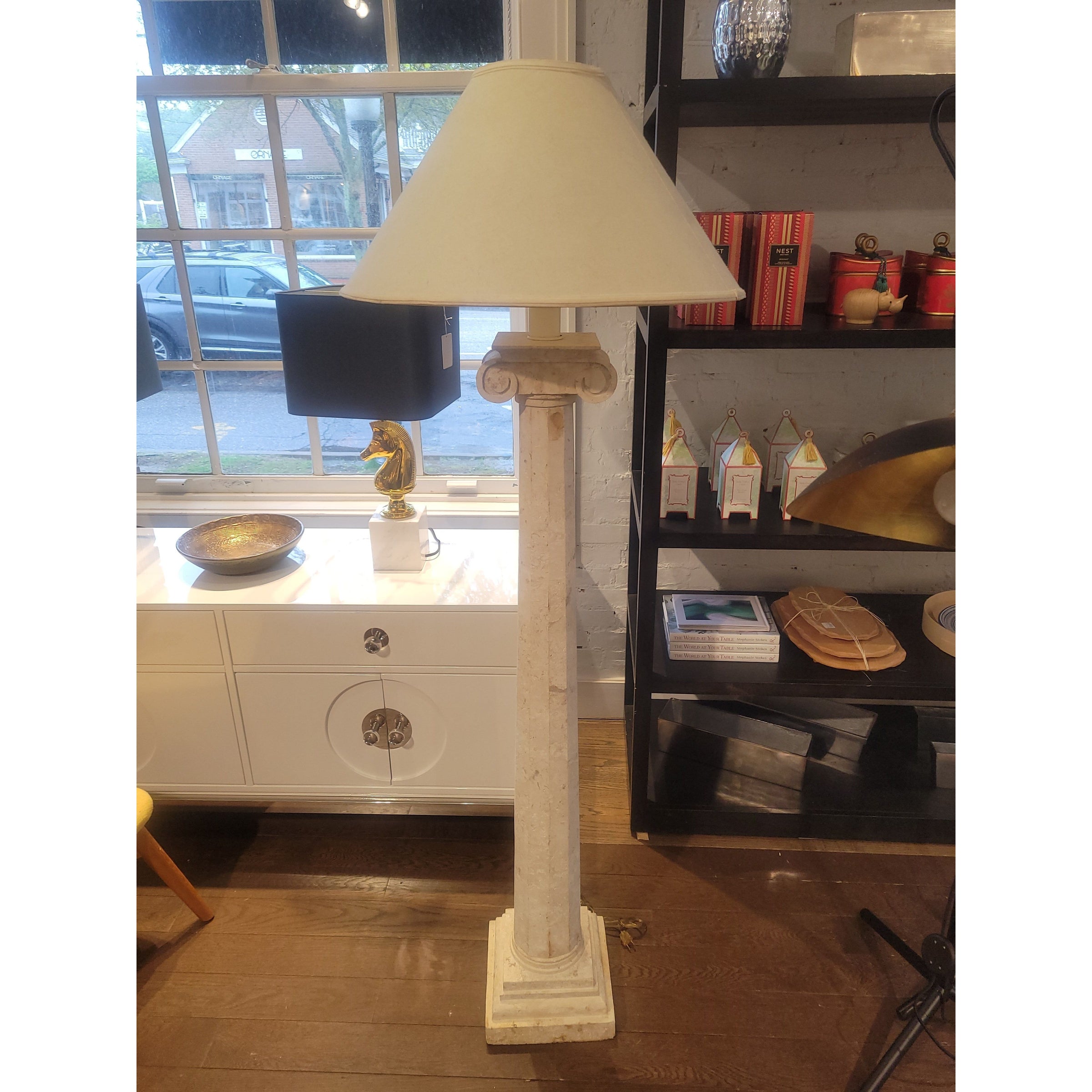 Mid-Century Column-Shaped Fossilized Shell Floor Lamp w/ Off-White Shade