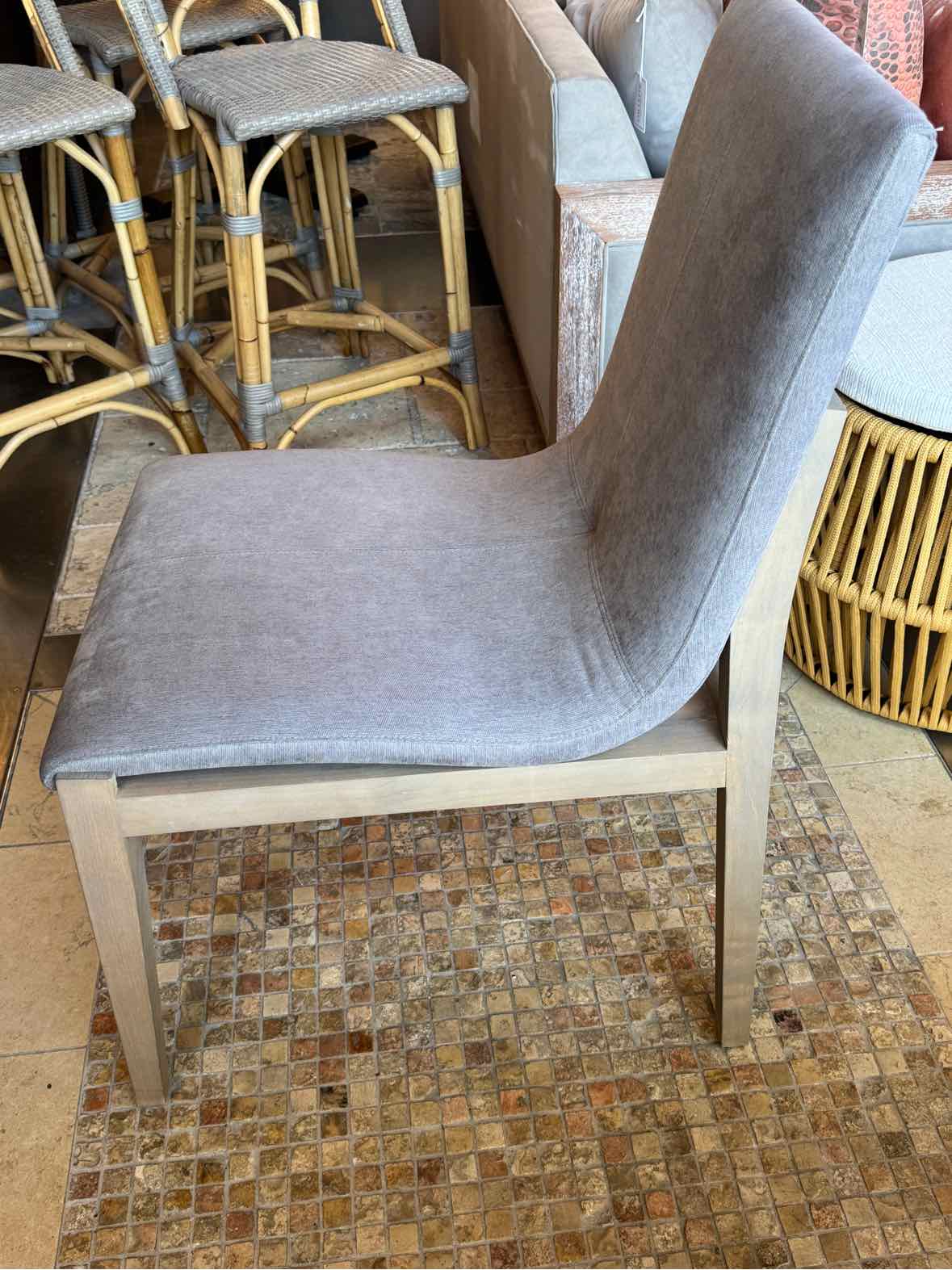 SET of 10 Gray Upholstered Dining Chairs on Wood Bases