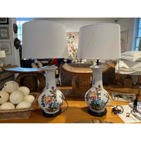 PAIR of Vintage Chinese Bird & Floral Painted Table Lamps w/ Linen Shades