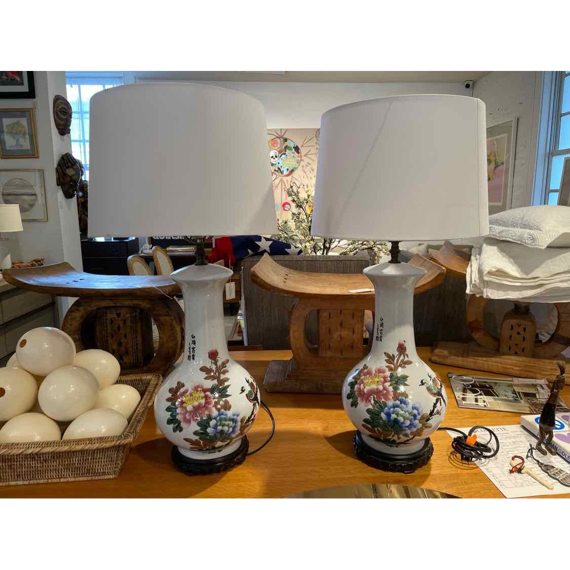 PAIR of Vintage Chinese Bird & Floral Painted Table Lamps w/ Linen Shades